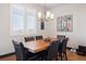 Dining area with natural light, wood table, black chairs and shutters, decorated with artwork at 2882 Heron Lakes Pkwy, Berthoud, CO 80513