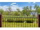 Landscaped backyard featuring iron fence, lush lawn, mature trees and water views at 2366 Shoreside Dr, Berthoud, CO 80513