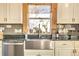 Close up of the kitchen sink with stainless steel appliances, tile backsplash, and a bright window at 3270 S Galapago St, Englewood, CO 80110