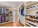 Large organized walk-in closet with built-in shelves and hanging rods, and hardwood floors at 9563 Red Primrose St, Franktown, CO 80116