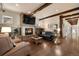 Inviting living room with stone fireplace, wood beams, and hardwood floors, perfect for relaxing at 21609 Clarence Ln, Golden, CO 80401