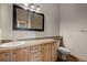 Bathroom with a light wood vanity, white sink, black-framed mirror, and a gray toilet at 1757 Baguette Dr, Castle Rock, CO 80108