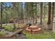Charming picnic spot with table, benches, and outdoor grill by the creek at 8905 Carol Ln, Conifer, CO 80433