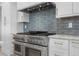 State-of-the-art stainless steel range in modern kitchen with designer tile backsplash and custom cabinets at 2665 Juilliard St, Boulder, CO 80305
