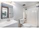 Bathroom featuring white vanity and fixtures with a walk-in shower at 15623 Degaulle Cir, Brighton, CO 80603