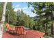 Outdoor deck with mountain views, featuring comfortable chairs and lush greenery for relaxing outdoors at 80 Spruce Ct, Evergreen, CO 80439