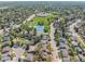 Aerial view displays the home in a neighborhood close to tennis courts, a playground, and a school at 128 Baylor Dr, Longmont, CO 80503