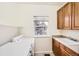 Bright laundry room featuring modern appliances, wooden cabinets, sink and window at 176 S Rosemary St, Denver, CO 80230