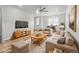 View of living room, staged with neutral furniture and wood flooring at 2225 Santini Trl # C, Littleton, CO 80129
