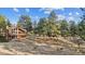 Exterior view of the house surrounded by mature trees and grazing deer at 12493 Forest Canyon Dr, Parker, CO 80138