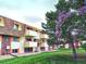 Exterior of the condo building showing a lawn and mature tree at 10211 Ura Ln # 7-204, Thornton, CO 80260
