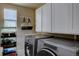 Laundry room with modern washer and dryer, white cabinets, and convenient sink at 11918 S Hitching Post Trl, Parker, CO 80134