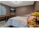 Cozy bedroom features neutral walls, an accent lamp, and a television for relaxing evenings at 6402 Wauconda Dr, Larkspur, CO 80118