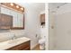 Bathroom with a wood vanity, matching medicine cabinet, and white tiled shower at 2743 S Reading Ct, Denver, CO 80231