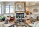 Inviting living room with a stone fireplace, comfortable seating, natural light, and stylish decor at 2430 Marlin Way, Castle Rock, CO 80109