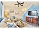 Inviting living room featuring modern decor, plush seating, and a stylish entertainment center at 8065 E 21St Ave, Denver, CO 80238
