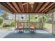 Inviting covered patio with chairs, bird houses, plants and wood ceiling at 6832 S Birch Way, Centennial, CO 80122