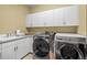 A convenient laundry room featuring modern washer and dryer, ample cabinetry, and a utility sink at 4 Prairie Falcon Ln, Littleton, CO 80127