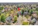 Aerial view showcasing the property's location in a lush, established neighborhood on a cul-de-sac at 6505 S Garfield Ct, Centennial, CO 80121