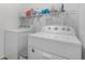 Well-lit laundry room featuring modern, white washer and dryer units with convenient shelving at 20932 E 60Th Ave, Aurora, CO 80019