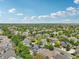 An aerial view highlights a neighborhood featuring mature trees, well-maintained homes, and green landscaping at 6553 S Sedalia St, Aurora, CO 80016