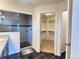 Modern bathroom featuring tile shower, glass door, and large walk in closet at 133 Poppy View Ln, Erie, CO 80516