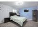 Well-lit bedroom featuring stylish furniture, a wall-mounted TV, and modern lighting fixtures at 25525 E 1St Ave, Aurora, CO 80018