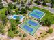 Aerial view showcases the community pool and tennis courts, surrounded by lush landscaping at 7405 S Jackson Ct, Centennial, CO 80122