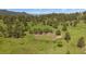 Aerial view showcasing a large grassy lot with mature trees and distant mountain views at 3800 Lakota Rd, Indian Hills, CO 80454