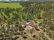 Expansive aerial view of a rustic home nestled among lush greenery and towering trees on a sprawling property at 3800 Lakota Rd, Indian Hills, CO 80454