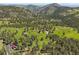 Expansive aerial view of lush acreage, nestled among green trees and rolling hills at 3800 Lakota Rd, Indian Hills, CO 80454