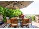 Outdoor dining area with a table, chairs, umbrella, and beautiful backyard view at 4320 Stone Post Dr, Castle Rock, CO 80108