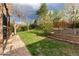 Lush backyard with green grass, mature trees, and a wooden fence at 4917 S Xenophon Way, Morrison, CO 80465