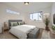 A well-lit bedroom featuring a neutral color scheme, large windows, and elegant decor at 3572 Lissa Dr, Berthoud, CO 80513