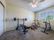 Home gym with ceiling fan, carpeting, weight-lifting equipment, and a bicycle for indoor workouts at 5369 Creek Way, Parker, CO 80134