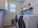 Functional laundry room equipped with modern washer and dryer units, and storage shelving at 5369 Creek Way, Parker, CO 80134