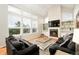 Bright living room with a fireplace, large windows, vaulted ceilings, and comfortable seating at 9786 Malachite Ct, Parker, CO 80134