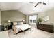 Inviting bedroom with vaulted ceilings, plush carpet, large window, and bedside lamps at 9786 Malachite Ct, Parker, CO 80134