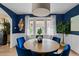 Bright dining area features a round wood table, plush blue chairs, and large windows for natural light at 2271 Holly St, Denver, CO 80207