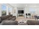 Comfortable living room with lots of natural light, a fireplace, and modern décor at 9590 Sedalia St, Commerce City, CO 80022