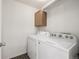 Neat laundry room features a modern white washer and dryer and overhead storage for convenience at 5977 S Rock Creek Dr, Castle Rock, CO 80109