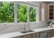 Kitchen with double sink, white countertops, stainless steel appliances, and backyard view at 7119 S Riviera St, Aurora, CO 80016