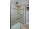 Tiled shower with glass door, built in shelves, and modern fixtures at 8171 E 33Rd Ave, Denver, CO 80238