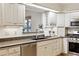 The kitchen features granite countertops, white cabinets and stainless steel appliances at 3298 S Krameria St, Denver, CO 80222