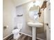This half-bathroom includes a white pedestal sink, toilet, and wood-look vinyl flooring at 11677 Park South Ln, Parker, CO 80138