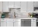 Close-up of the kitchen sink area with modern fixtures, white cabinets, and stylish backsplash at 7050 W Cedar Ave # 108, Lakewood, CO 80226