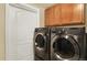 Laundry room with front loading washer and dryer and built-in cabinets for storage at 7631 Oak St, Arvada, CO 80005