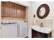 Functional laundry area equipped with modern washer and dryer units and ample cabinet space at 5215 S Washington St, Littleton, CO 80121