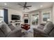 Cozy living room features fireplace, ceiling fan and view to patio and outdoor space at 8230 S White Crow St, Aurora, CO 80016