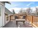 Outdoor deck featuring a table and chairs, wood railing, and a view of the surrounding trees at 2565 Pierce St, Lakewood, CO 80214